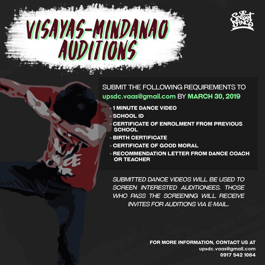 UP Streetdance Club VAAS AuditionsFill up the form:  https://tinyurl.com/UPSDCVAAS... Luzon Audition DatesApril 6 and 7 (1-8PM) UP Gym Dance AreaVisMin AuditionsDeadline of Preliminary Video Submission: March 30