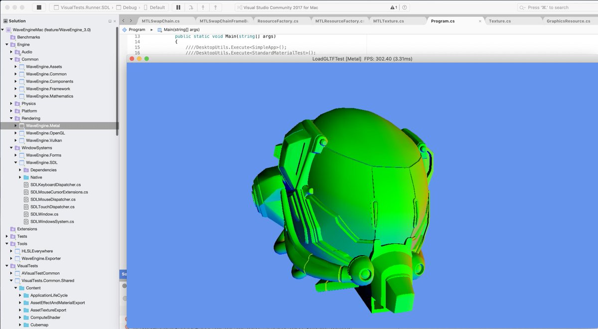 jcant0n's tweet image. After hard work to support DirectX 11/12, OpenGL/GLES and Vulkan it is time for #Metal 2. The Metal backend for #WaveEngine 3.0 on MacOS and iOS is passing our GLTF test, very happy with this progress.