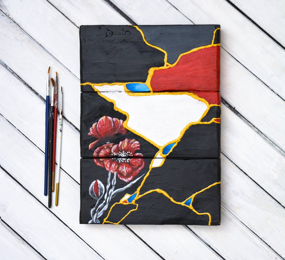 Kintsugi inspired poppy painting, original acrylic painting on reclaimed wood #art #etsy #painting #paintedwood #kintsugi etsy.me/2FHq7qi