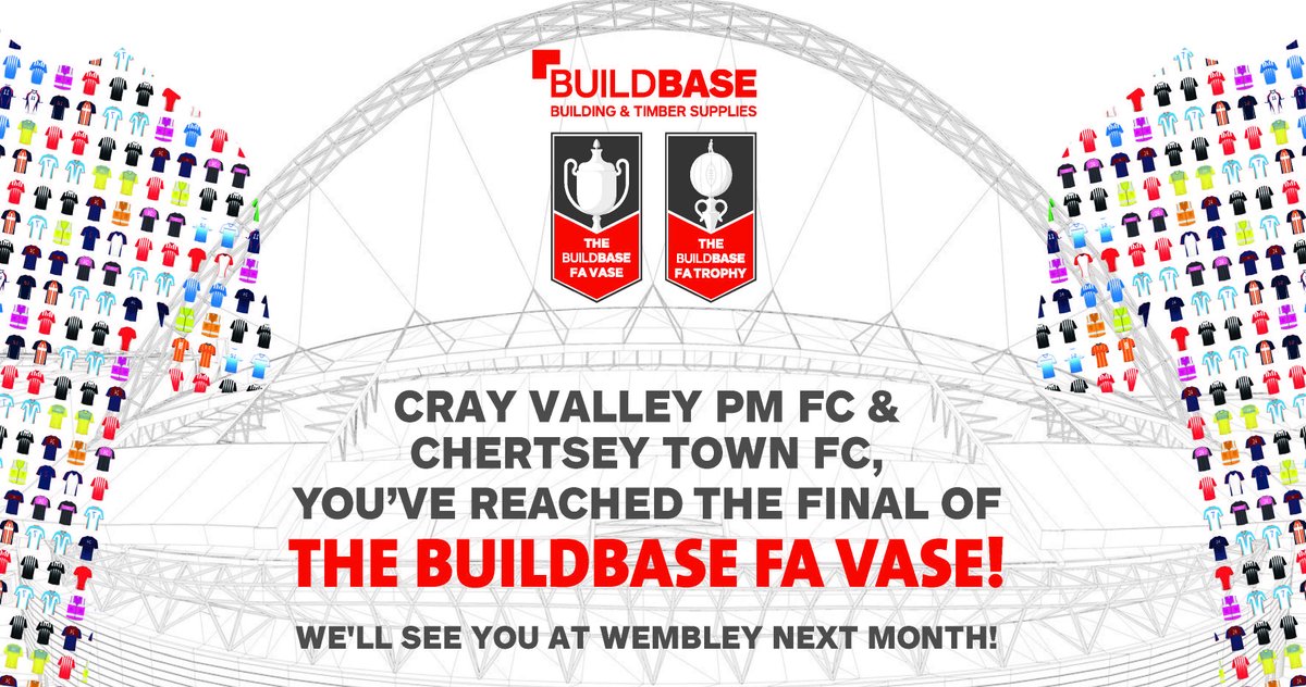 Buildbase (@buildbaseuk) on Twitter photo 🎊 Congratulations to <a href="/TheCurfews/">Chertsey Town FC</a> and <a href="/CrayValleyPM/">Cray Valley (PM) FC</a> for reaching the final of the #BuildbaseFAVase! We look forward to seeing you next month at <a href="/wembleystadium/">Wembley Stadium</a>
<a href="/TonyIncenzo/">Tony Incenzo TV/Radio football reporter 🇮🇹 🇮🇪</a> <a href="/NonLeaguePaper/">The Non-League Paper</a> #nonleaguefootball 🎊 Congratulations to <a href="/TheCurfews/">Chertsey Town FC</a> and <a href="/CrayValleyPM/">Cray Valley (PM) FC</a> for reaching the final of the #BuildbaseFAVase! We look forward to seeing you next month at <a href="/wembleystadium/">Wembley Stadium</a>
<a href="/TonyIncenzo/">Tony Incenzo TV/Radio football reporter 🇮🇹 🇮🇪</a> <a href="/NonLeaguePaper/">The Non-League Paper</a> #nonleaguefootball