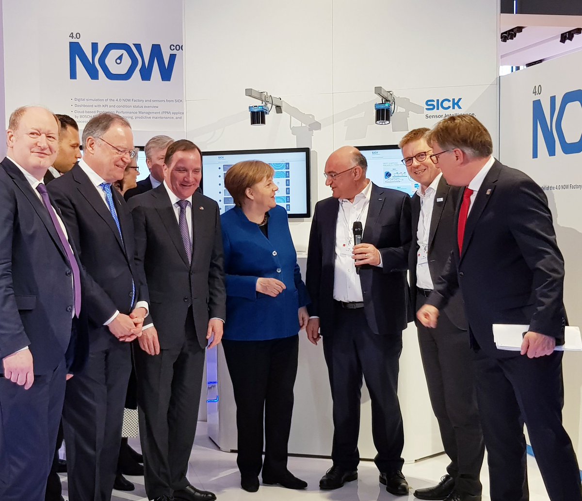SICK_de's tweet photo. Wir begrüßen: #BKMerkel und @SwedishPM. #HM19 Halle 9, Stand F18 #I40withSICK #schweden #innovation https://t.co/tl5TxmFBvK https://t.co/u2SGnVsjPx