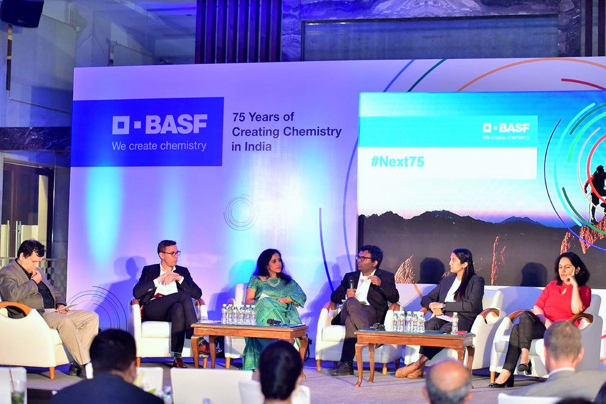 BASF's tweet photo. To celebrate the 75th anniversary of BASF India, we held a panel discussion on the topic “Leaders of Tomorrow” in Mumbai, with speakers from Godrej Nature’s Basket, Network18, Siemens, Aditya Birla Chemicals and the S.P. Jain Institute of Management. #Next75 #WeCreateChemistry https://t.co/kO6VWqpKZl