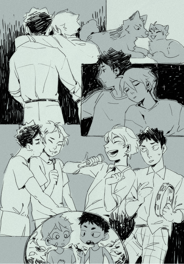 [HQ!!] ooh happy iwaoi day 1/4! here are my pieces from the mise en place zine from last year :D share meals, shared lives! 