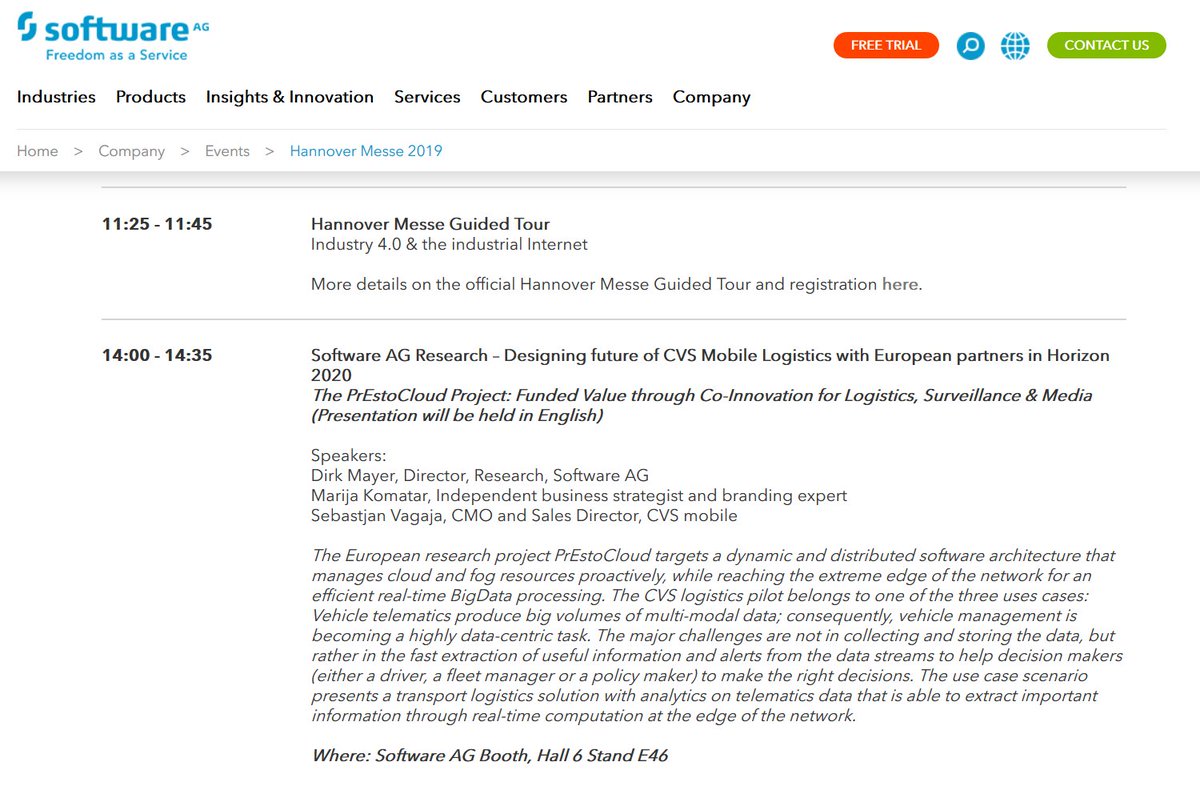 Experience the #PrEstoCloud presentation "Designing future of CVS Mobile Logistics with European partners in #Horizon 2020 - Funded Value through Co-Innovation for Logistics, Surveillance &amp; Media. Speakers: Dirk Mayer, Marija Komatar, Sebastjan Vagaja, hall 6, E46, April4, 2pm