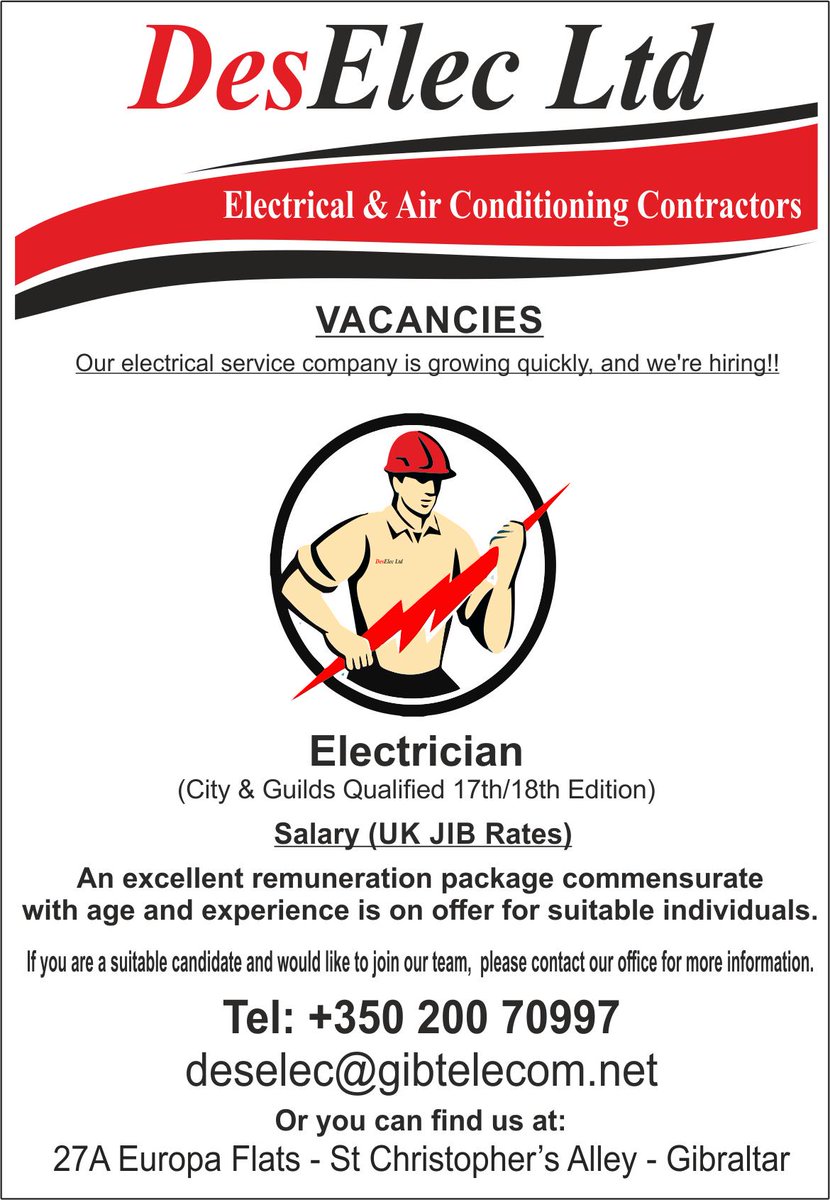 DesElecLtd's tweet photo. DesElec Ltd are currently hiring. If you're a 17th/18th edition qualified electrician / electrical fitter, we'd love to hear from you. Please see our post for further details.
#electrician, #electricalfitter, #cityandguilds, #job, #Gibraltar https://t.co/aqw4LoDfJM