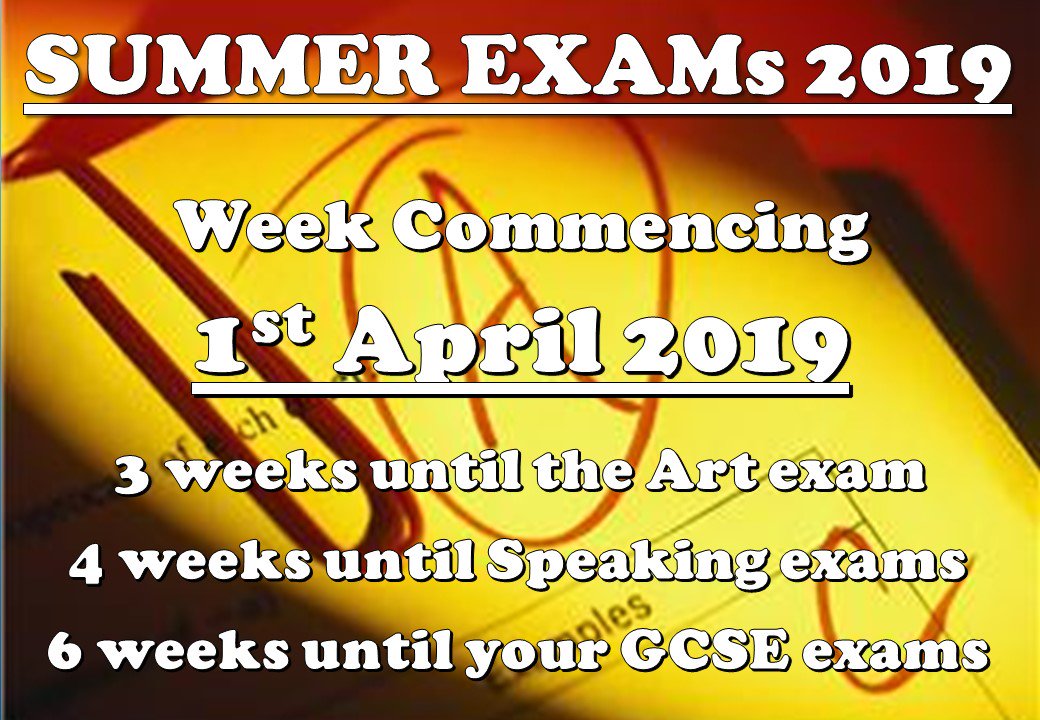 Shavington_Ac's tweet photo. Week commencing 1st April there are only 3 weeks until the Art GCSE exam, 4 weeks until your @shavingtonmfl Speaking exams and 6 weeks until the main bulk of your exams begin #weekstogo #preparation #EasterRevision #successin30 #exams2019 #yougotthis https://t.co/U97YYgToUv