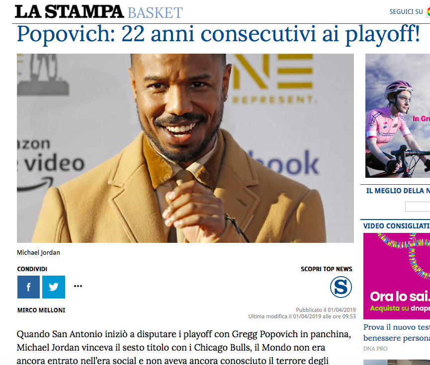 parallelecinico's tweet photo. "Oggi scrivo qualcosa sul basket, lo sport dove sono tutti alti. Ho letto che sto slavo di nome Popovich fa i playoff da 22 anni, quando Jordan vinceva ancora. Forte sto Jordan, ora cerco la foto su Google e ce la piazzo. Michael B. Jordan. Perché B? Boh, la levo tanto è uguale" https://t.co/petFy5062r