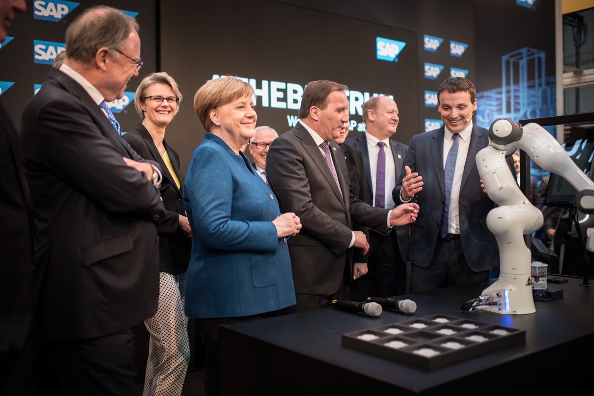 ChrstnKlein's tweet photo. So excited to have chancellor Merkel @die_regierung @SwedishPM @SAP booth #HannoverMesse #HM19! Showcasing how we combine human intelligence with #ArtificialIntelligence to make #inclusion a reality now and in the future! #Innovation @4tiitoo @TobiiTechnology #TheBestRun #SAP https://t.co/f3AJras3SZ