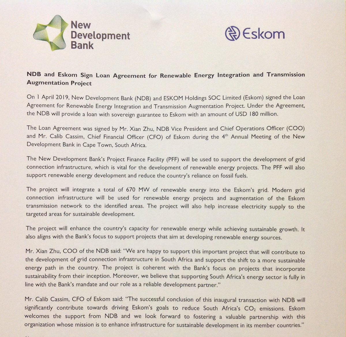KhuluPhasiwe's tweet photo. Eskom and the New Development Bank sign a $180m loan agreement to connect 670MW of renewable energy projects to the national grid. https://t.co/ZvhFN0gcPr