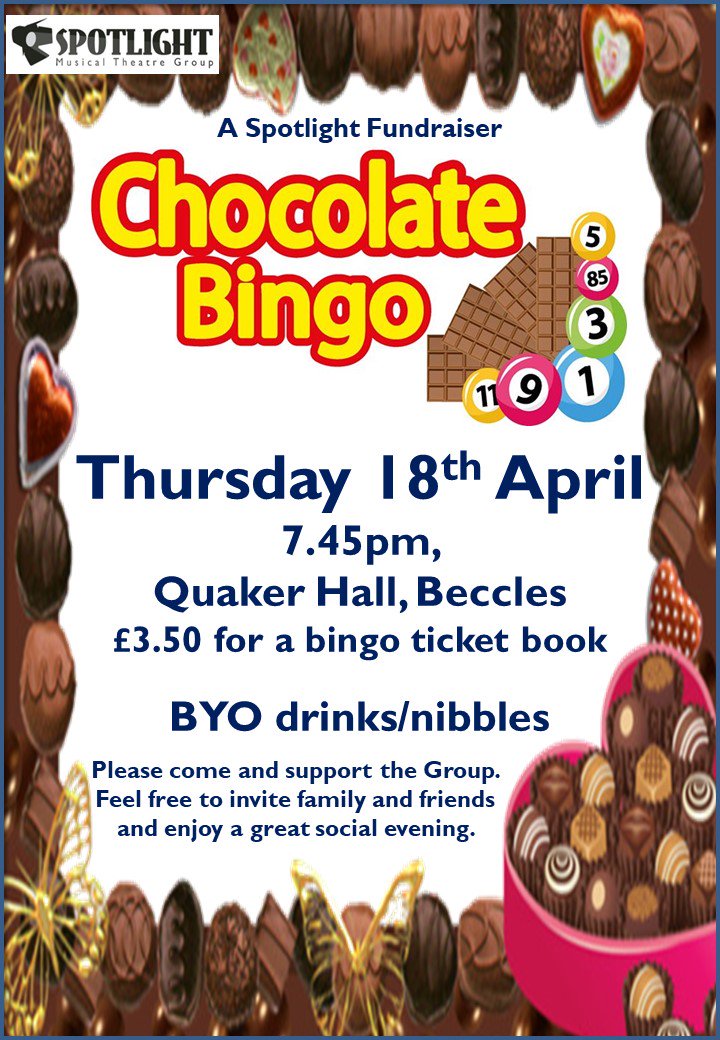 SpotlightBecclz's tweet photo. Our next Social/Fundraising Event - CHOCOLATE BINGO
Thursday 18th April at the Quaker Hall, Smallgate, Beccles starting at 7.45pm. £3.50 for a bingo book. Bring your own drinks/nibbles (tea/coffee available at only 20p per cup).
Come and enjoy a fun night out :-) https://t.co/jZlsTZeLtP