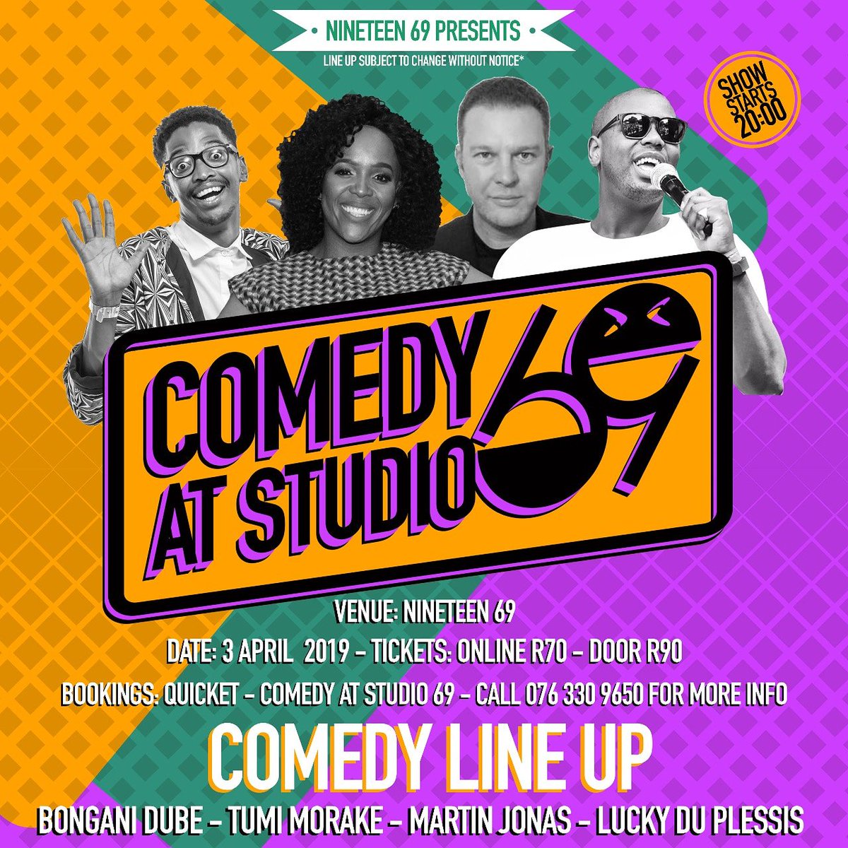 PGComicsSA's tweet photo. This Wednesday join @Lucky2plus3 @tumi_morake @mrBDube and @Tweeterage at Comedy at Studio 69. Get your tickets here:  https://t.co/UnWECeZ8wU https://t.co/uJ9pwjVaty