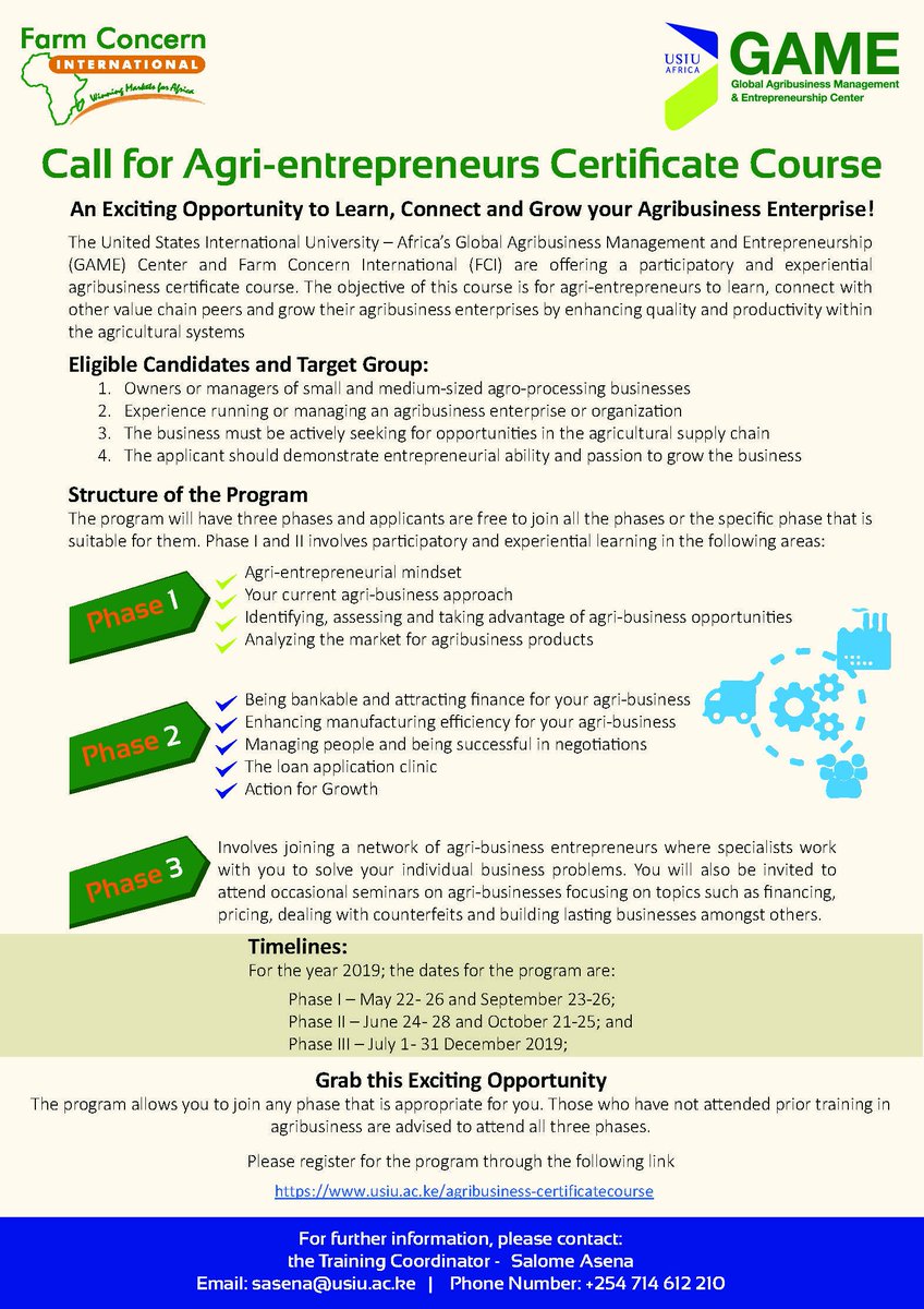 We invite owners &amp; managers of small and medium-sized agro-processing businesses for an exciting opportunity to Learn, Connect and Grow their Agribusiness Enterprises!
Learn more- bit.ly/2HZ3ksL  <a href="/USIUAfrica/">USIU-Africa</a>