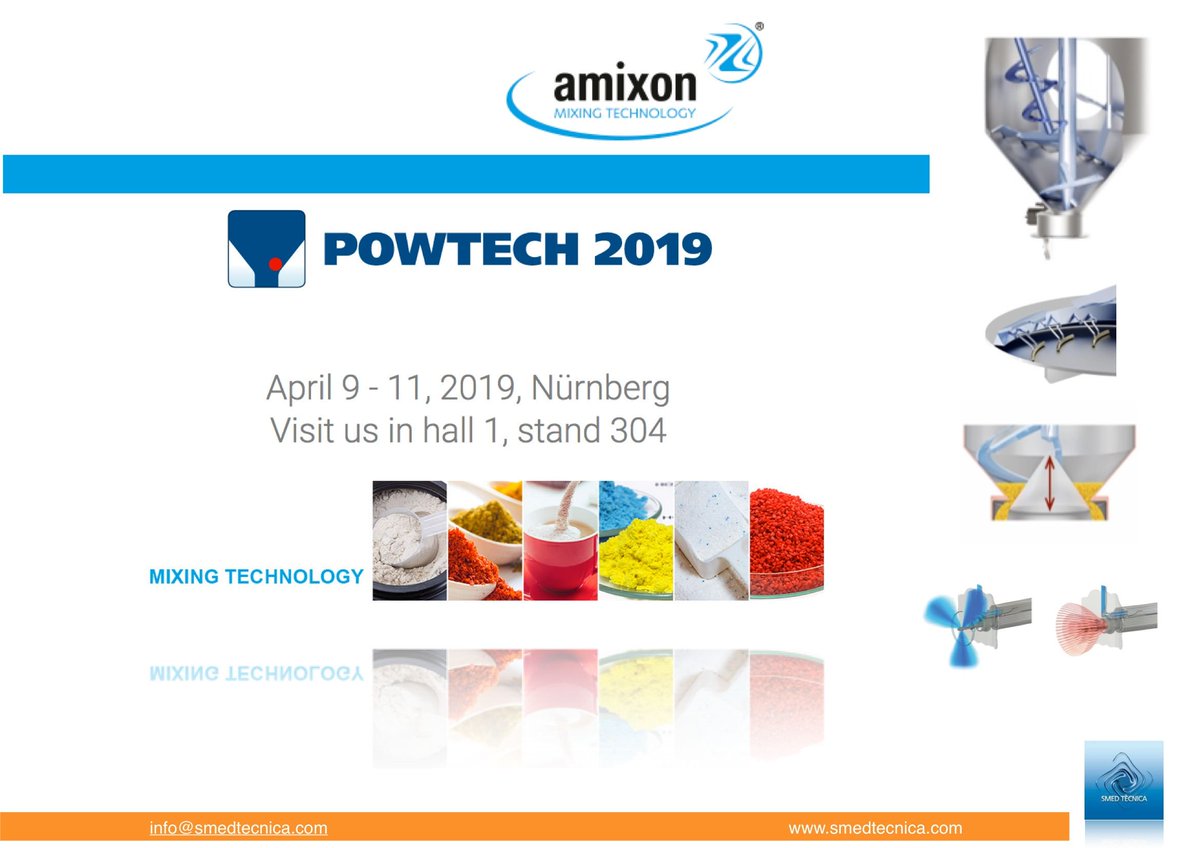 #AmixonMixing estara presente en la #POWTECH2O19.
 Le presentaremos equipos de proceso especialmente higiénicos para sus tareas de mezclado y secado en el sector de materiales en polvos.  
 🗓️  9-11 de Abril 2019 #Nuremberg <a href="/Powtech/">POWTECH TECHNOPHARM</a> 
 📍 Pabellón 1 Stand 304
    Os esperamos!!!