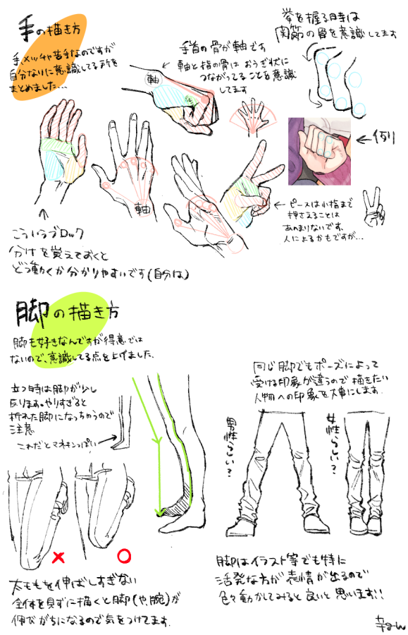 質問箱でご質問頂いた骨格の描き方と手・脚の描き方についてです。あくまで自分が絵を描く上で学んだことや意識していることばかりなのですが、すこしでもお役に立てれば幸いです! 