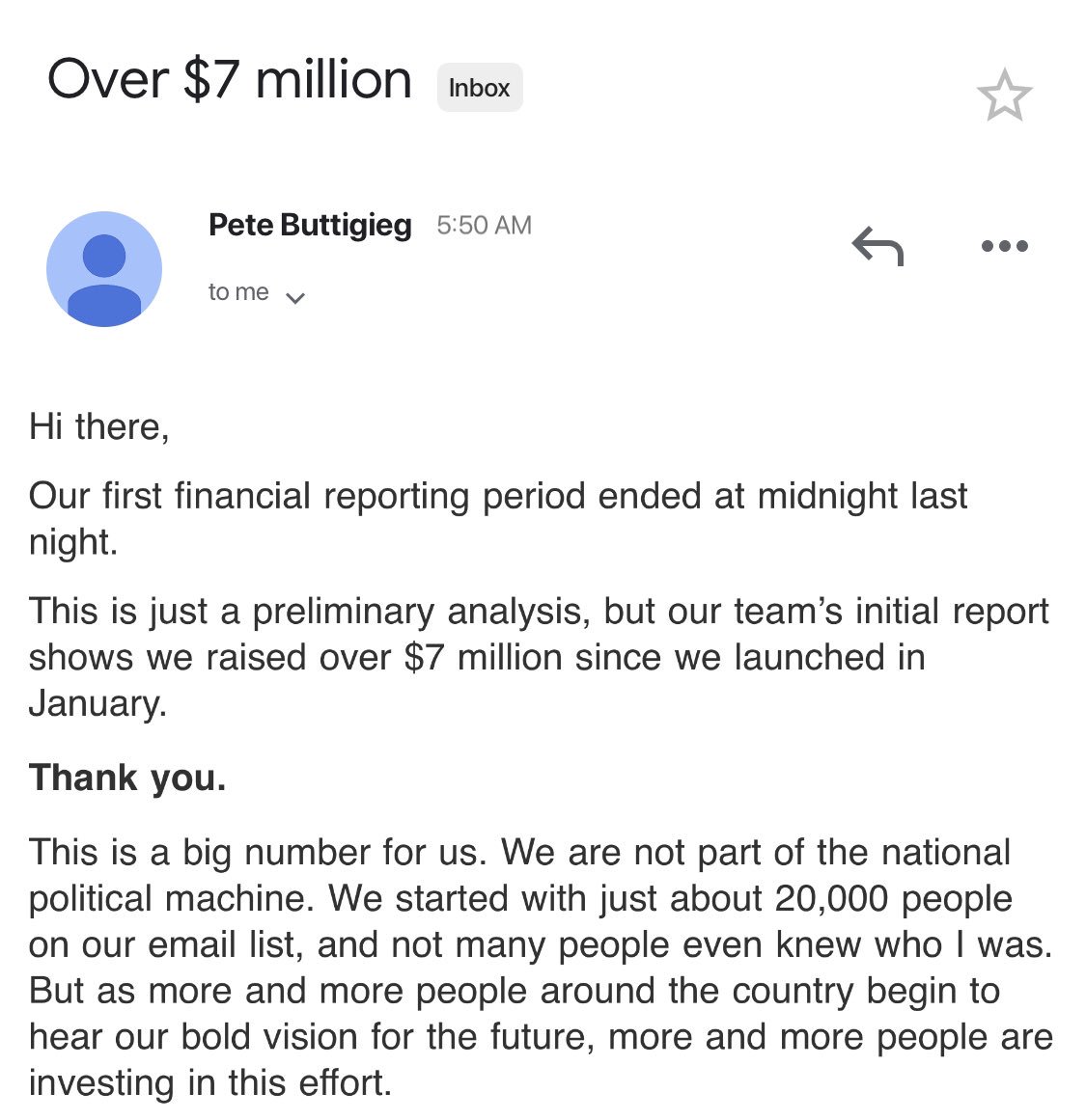 ShaneGoldmacher's tweet photo. NEWS: Mayor Pete Buttigieg’s campaign tells supporters he has raised “more than $7 million” in Q1 — a huge sum that will likely surpass some better-known candidates https://t.co/yiDbx512u8