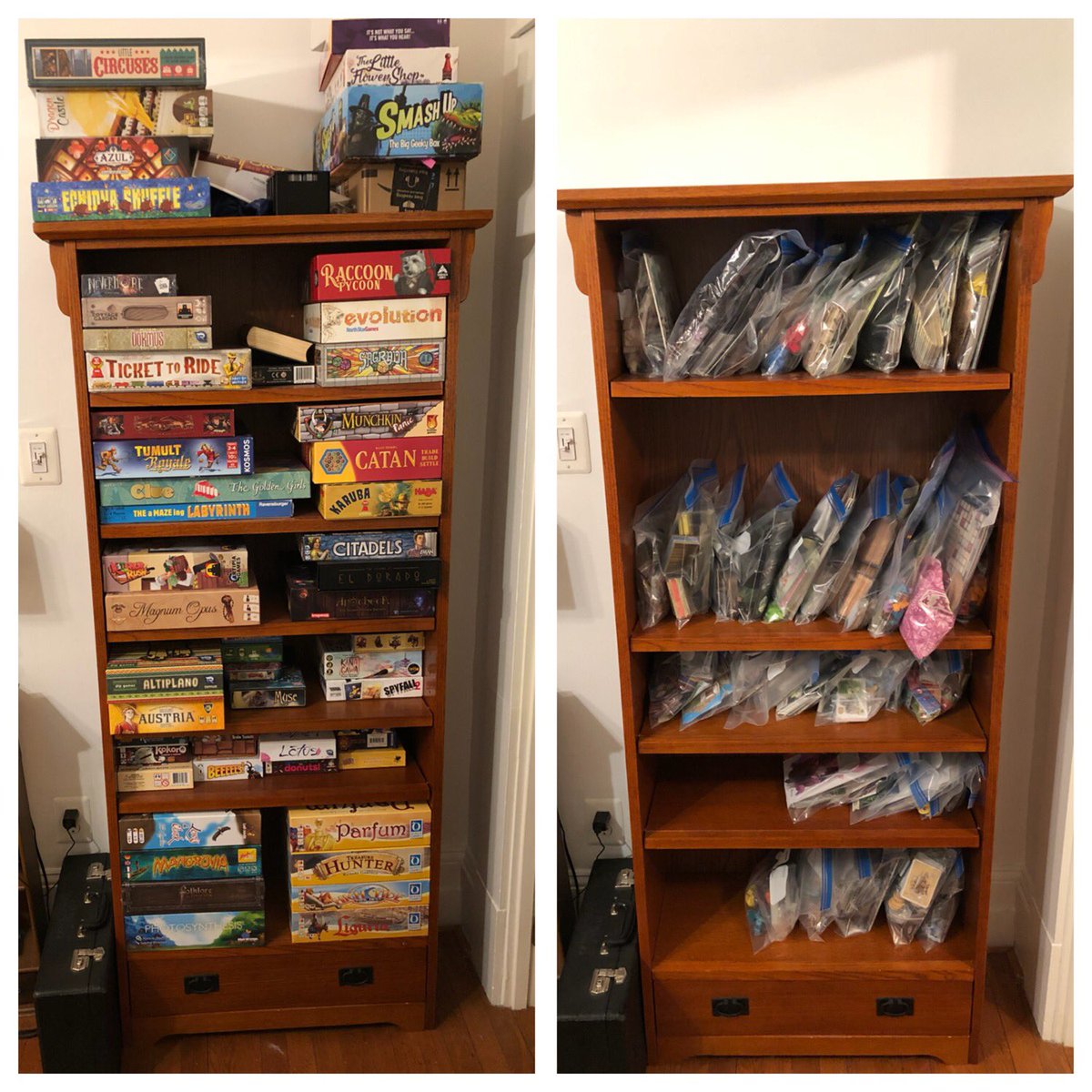 Who else has gone from boxes to bags? Finally got around to it this weekend and got all my games to fit on my shelf with room to spare! Clean up is much easier too (but get 2 gallon bags for your bigger games).