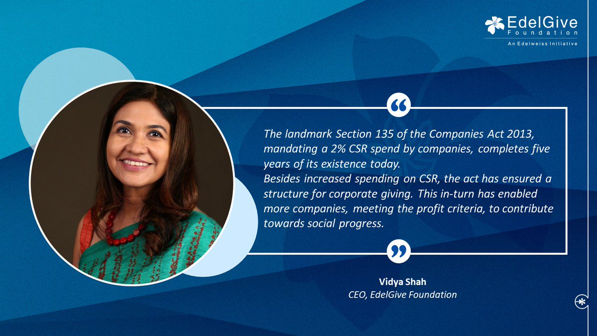 EdelGive's tweet photo. As the #CSRAct completes five years of its commencement today, our CEO, @VidyaRShah shares her thoughts on how the act has been instrumental in enabling more companies to engage in #CSR. #5yearsofCSRact #philanthropy
Read the full blog at https://t.co/K16x39H3m0 @EdelweissFin https://t.co/pxTJYxfhQu