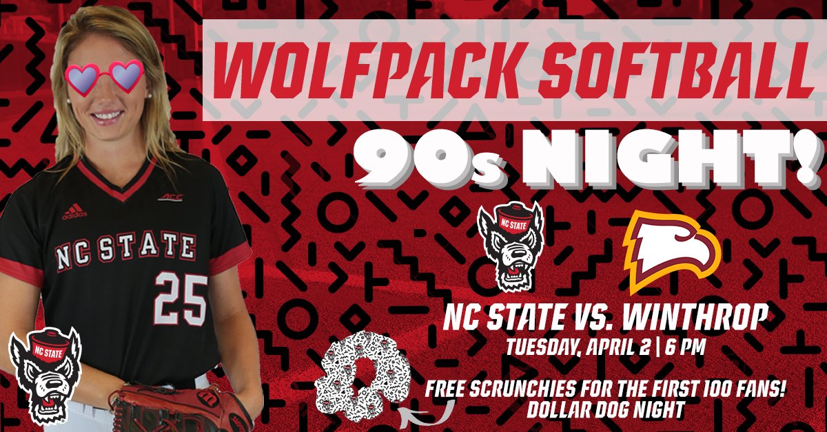 PackSoftball's tweet photo. #WPN, we're back at home tomorrow night when we host Winthrop for 90's Night! It's also Dollar Dog Night, and the first 100 fans will get a 🆓 Wolfpack scrunchie https://t.co/wFBzPYlRDm