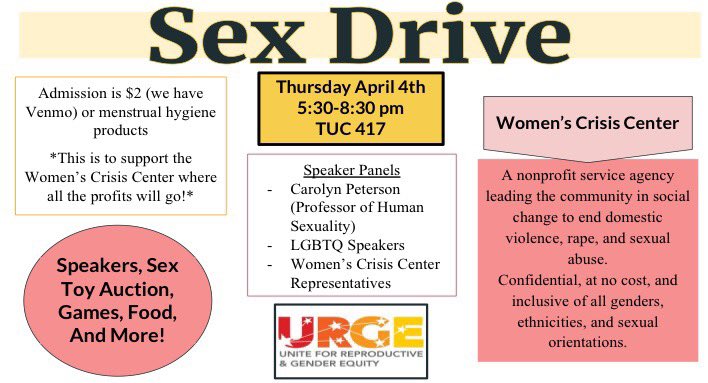 UrgeUc's tweet photo. URGE is hosting the Sex Drive! An interactive sex education event! Come out and support the Women's Crisis Center! https://t.co/iBpw5Lah0K