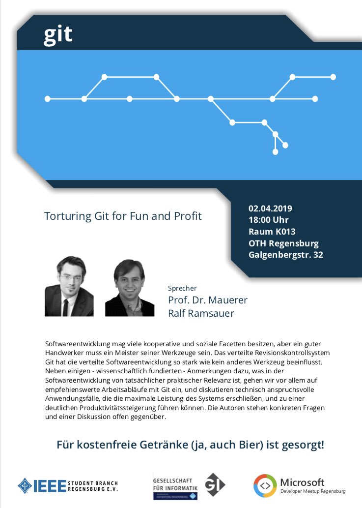 DeveloperMeetup's tweet image. Morgen treffen wir uns zum Vortrag von Prof. Dr. Wolfgang Maurerer und Ralf Ramsauer über #Git! Für Getränke ist gesorgt!
#Developer #Meetup #Regensburg