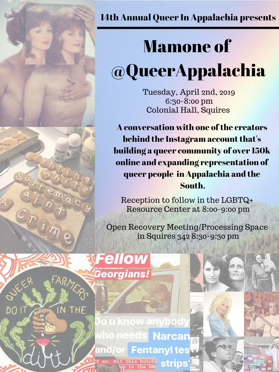 VT_CCC's tweet photo. 4/2:
Special Lunch Q*nnection with Mamone of @QueerAppalachia | 12pm | Squires 227
https://t.co/3umXoE7u9j
14th Annual Queer in Appalachia presents Mamone of @QueerAppalachia | 6:30pm | Colonial Hall, Squires Student
https://t.co/dklXVFmJFc https://t.co/vS6fnVlnaB