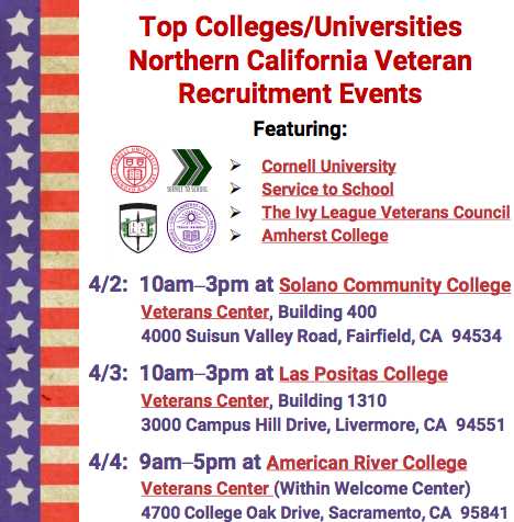 Service2School's tweet image. We&apos;re traveling with our partners from @CornellUAO and @AmherstCollege all week! Stop by and see us at @solanocommcolle 4/2, @laspositas 4/3, and @ARCNewsToday 4/4. #Veterans #studentvets #calivets