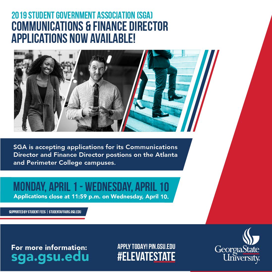 SGA_GSU's tweet photo. Applications opened today for SGA's Communications Director and Finance Director positions. The application is on the Student Government Elections page on Panther Involvement Network (PIN). Do not miss out on this great chance serve the GSU student body. #ElevateState https://t.co/UeMgfwbomS