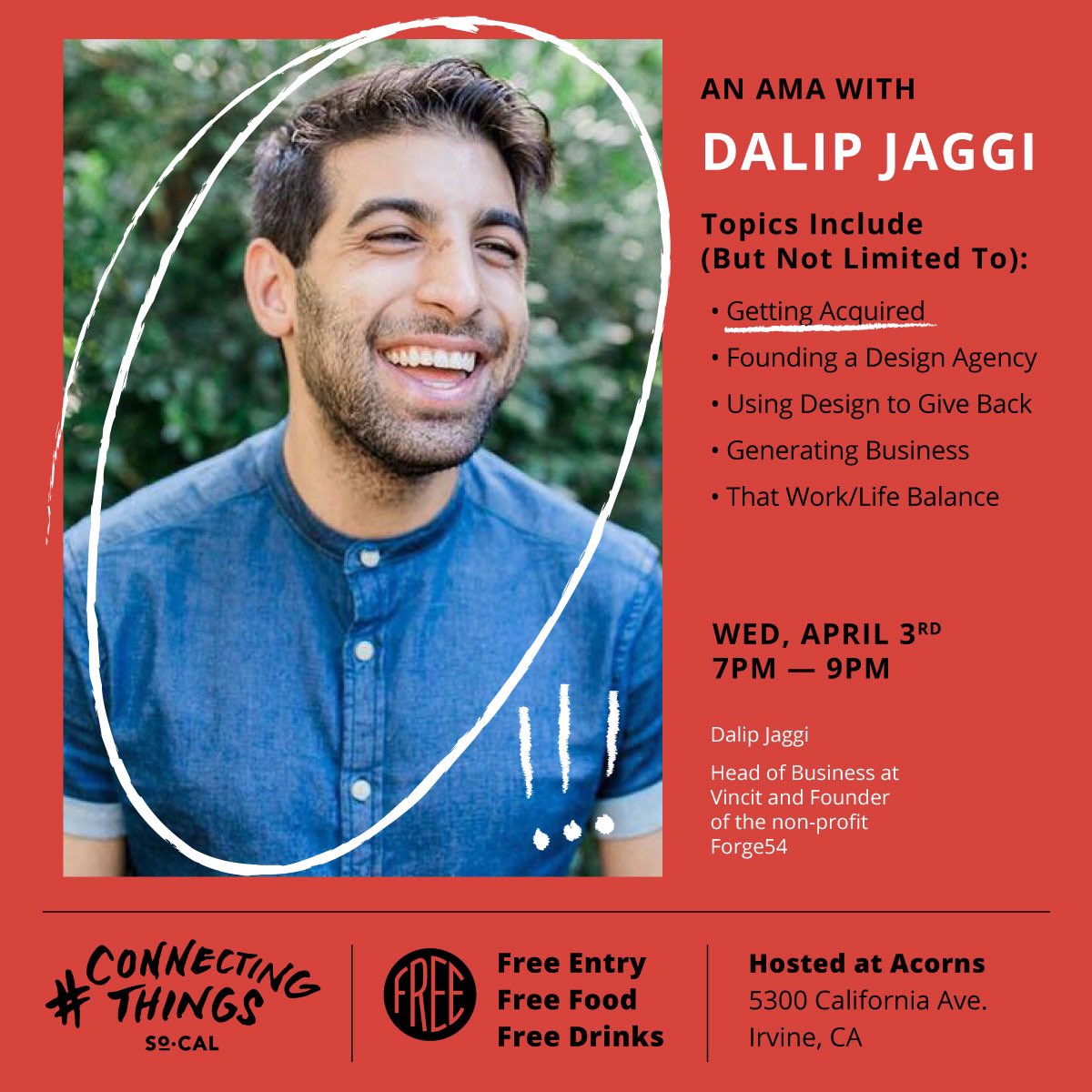 WeConnectThings's tweet photo. This Wednesday is #connectingthings ! Hear how serial entrepreneur Dalip Jaggi started an agency, grew it, got acquired, and also finds time to run a non profit and smart water product startup. Free event! Tag a friend to invite them. Hosted by @acorns . 7pm. Free π and kombucha https://t.co/1BmbO2jgJv