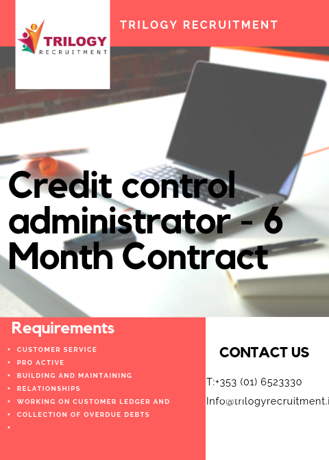 ccrecruitment11's tweet photo. #jobopportunity #trilogyrecruitment #creditcontrol #6monthcontract #job #employment #dublinjobs #positions https://t.co/8bWxpd9Gne