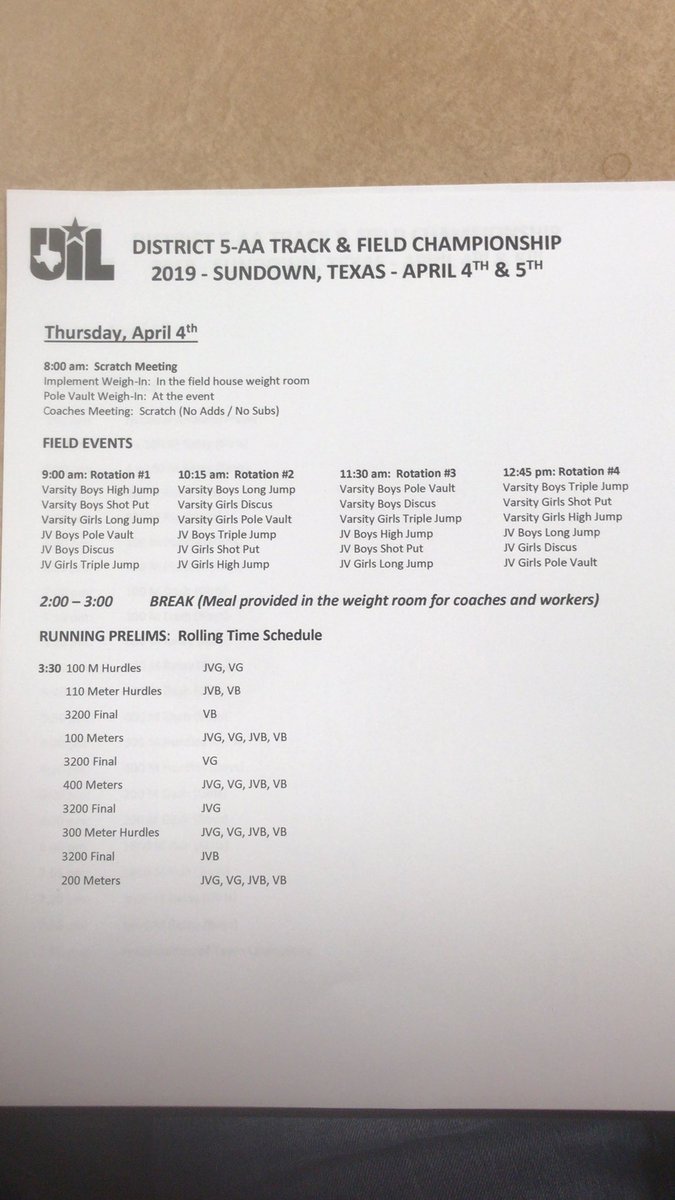 and_sundown's tweet photo. District Track Meet (Thursday Schedule, 3/4) ... field events and prelims only

@Coach_Cummings4 @BrentEvansSHS @806hssc https://t.co/s8wQMlY587