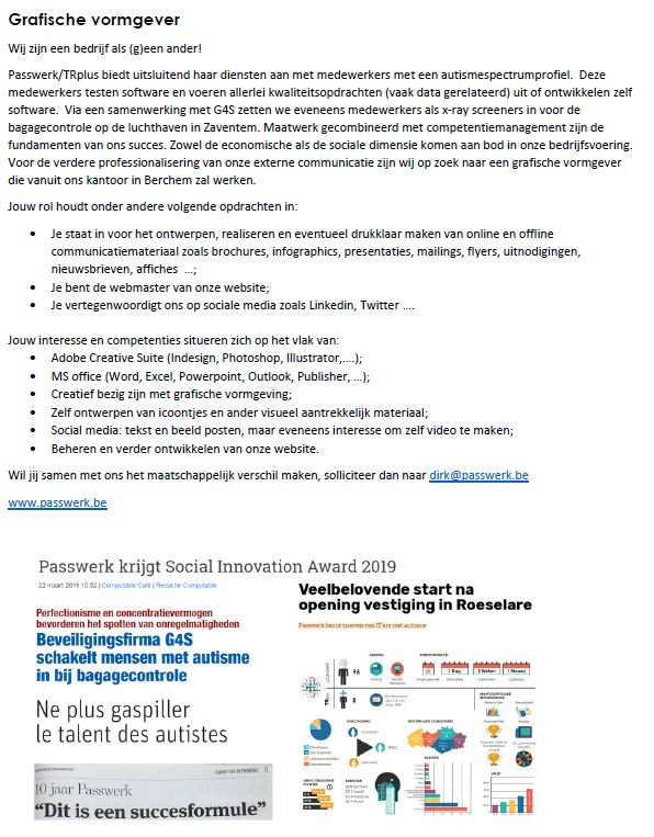 Passwerk/TRplus zoekt een grafische vormgever om haar communicatie nog professioneler verder uit te bouwen. Heb jij interesse of ken jij mensen met interesse?