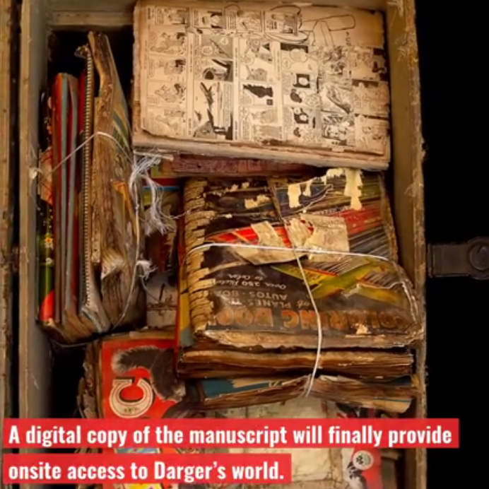 CrowdsourceJM's tweet photo. Want to read about The Story of the Vivian Girls, in What Is Known as the Realms of the Unreal, of the Glandeco-Angelinian War Storm, Caused by the Child Slave Rebellion? Help @IntuitArtCenter raise $2K to digitize Henry Darger's 15,000 page manuscript! https://t.co/hSXxat51aq https://t.co/eGKYpsm6Lt
