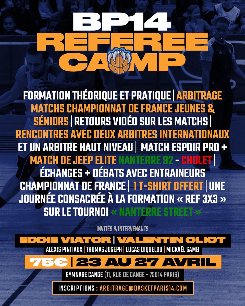 Collègues arbitres &amp; amis basketteurs, je vous donne rendez-vous à <a href="/basketparis14/">BasketParis14</a> du mardi 2️⃣3️⃣ au samedi 2️⃣7️⃣ avril pour une semaine de perfectionnement, de plaisir et beaucoup de surprises ! 🏀

Plus d’infos : arbitrage@basketparis14.com