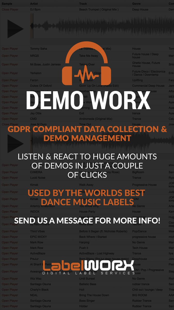 labelworx's tweet photo. Demo Worx #demomanagementplatform designed for A&R people.
🧡#DemoTracker #review #respond to huge quantities of #demos
🧡#fullybranded #DemoBox for your #artists to #upload #music
🧡#reporting #statistics show how active your A&R team are
#digitalservies https://t.co/wcRpd1U1Zq https://t.co/xQizI6ivNa