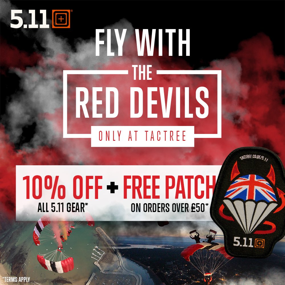 TacTree's tweet photo. Enjoy 10% off 5.11 products! All orders over Β£50 will receive a free patch and be entered into a prize draw to win a skydive with the @RedDevilsOnline https://t.co/pZJtgrv5QL
#mytactree #reddevilsfreefallteam #parachuteregiment #tacticalgear #tacticalwear #511tactical https://t.co/IjaZyMkkdB