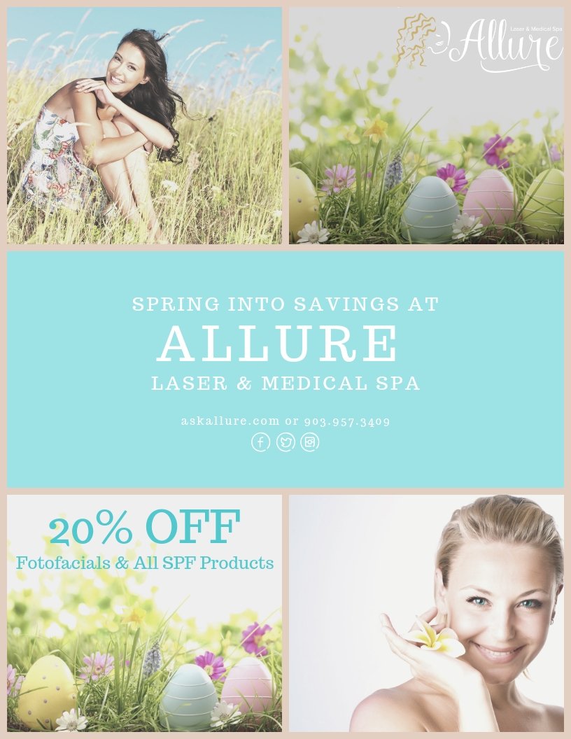 AllureLaserSpa's tweet photo. Spring Savings at Allure! 20% OFF Fotofacials and all SPF products during the month of April. Call or come by today! 903-957-3409. #allurelasermedicalspa https://t.co/Vuq4JeSd74
