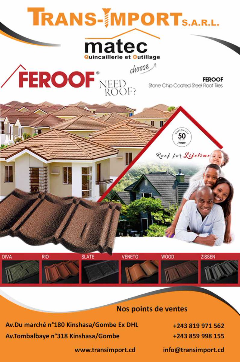 TalaComkin's tweet photo. MATEC/ TRANS-IMPORT | Bizcongo
Tuile sablée de la marque "Feroof" en vente chez Matec / Trans-import. av. du marche n°180 Gombe/Kinshasa, av. Tombalbaye n°318 Gombe/Kinshasa.
Voir + : https://t.co/GGGBj2okYf
#matec #transimport #feroof https://t.co/pp5aBqMA7I