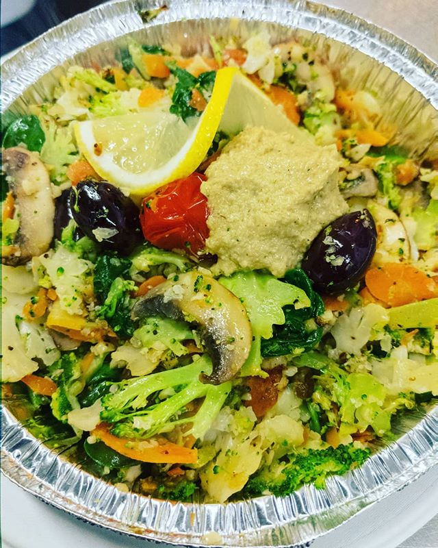 Check out our new variation on this delicious plant based meal. Paleo Risotto, organic cauliflower, broccoli, and carrots , heirloom tomatoes, garlic , mushrooms, lemon, organic spinach. Topped with our amazing new plant based cheese.