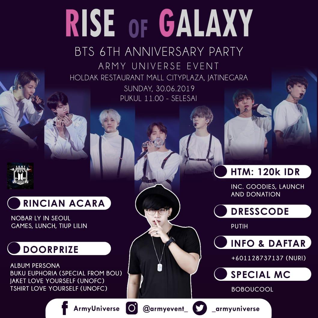 _armyuniverse's tweet photo. Hai #ARMY wah gak kerasa ya @BTS_twt udah mau anniversary ke 6. Ayo join acara Rise of Galaxy bersama @_armyuniverse https://t.co/PMMuVOLbAb