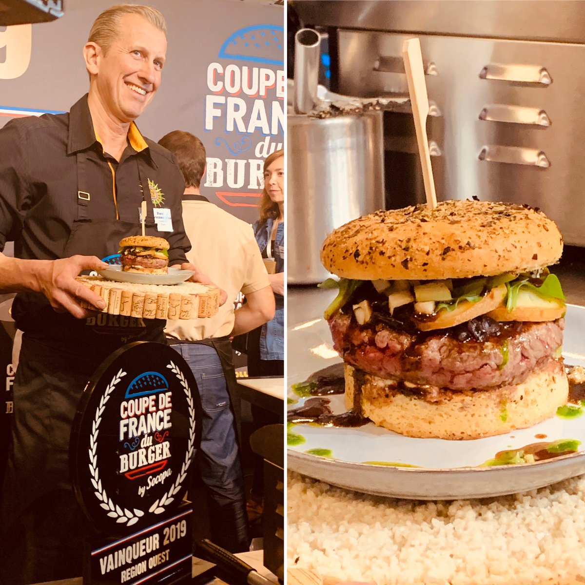CFBurger_Socopa's tweet image. VAINQUEUR FINALE OUEST 2019 👉 Xavier Yvernogeau avec son Burger New Iode. 

Bravo et rendez-vous à 16h30 pour la finale nationale !! #cfburger