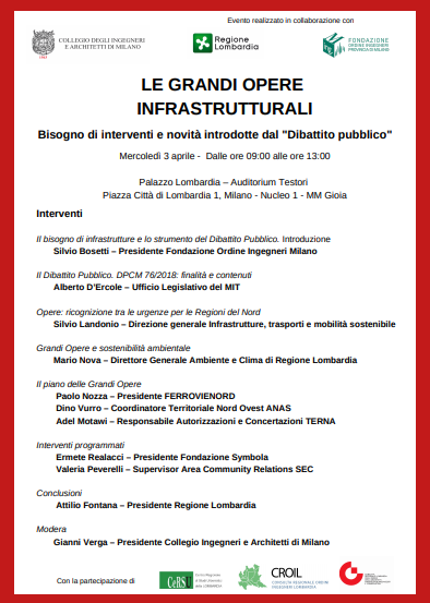 SAVE THE DATE🗓️mercoledì 3/4 <a href="/CIAM1563/">CIAM CORSI</a> in collaborazione con <a href="/RegLombardia/">Regione Lombardia</a>, <a href="/FOIM_org/">Fondaz Ord Ingg Mi</a>, CROIL e <a href="/Consulta_AL/">Consulta AL</a> organizza il convegno "Le grandi opere infrastrutturali - Bisogno di interventi e novità introdotte dal dibattito pubblico"- 3 CFP
Per iscrizioni ➡️bit.ly/2TH0Ykz