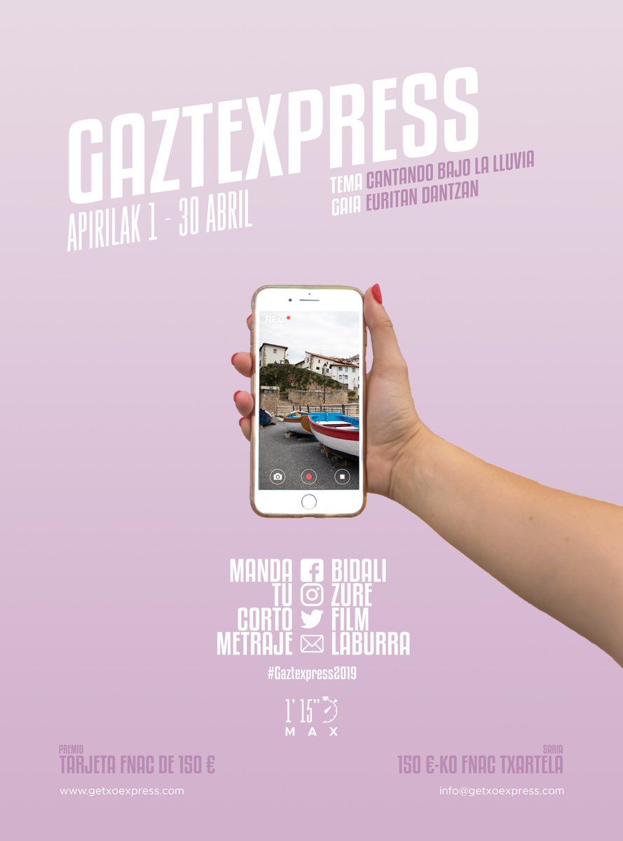 Getxo_Express's tweet photo. ADI! GaztExpress-en parte hartzeko epea zabaldu da!
👫 -18
🗓️ Apirilak 1 - 30 Abril
🎥 GAIA: CANTANDO BAJO LA LLUVIA / EURITAN DANTZAN
🕘 1' 15" max.
👅 Euskera / Castellano
🏆 150€ Fnac
ℹ️ https://t.co/zWBJOhiIgw https://t.co/vHWs9nQSQ4
