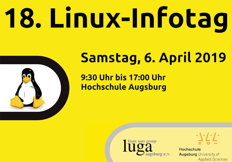 Die Linux User Group Augsburg (LUGA) lädt für den 6. April zum 18. Augsburger Linux-Infotag ein. Das #LPI bietet wieder vergünstigte Prüfungen an. Jetzt anmelden: bit.ly/2uFMNCq <a href="/lit_augsburg/">Linux-Infotag Augsburg</a> <a href="/LPIConnect/">Linux Professional Institute (LPI)</a>