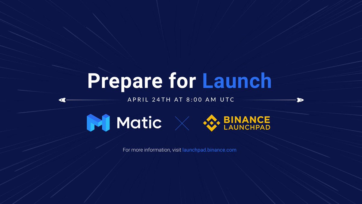 0xPolygon's tweet photo. Introducing the MATIC Token Sale! 

Matic Network, officially prepares for its launch on @Binance Launchpad beginning on April 24th at 8:00 AM UTC! 
(https://t.co/kgfU8ldG8d) 

Join our official Telegram Community : https://t.co/i2TDCe96ET for more details. #Binance #Matic https://t.co/z8fK3sJCG2