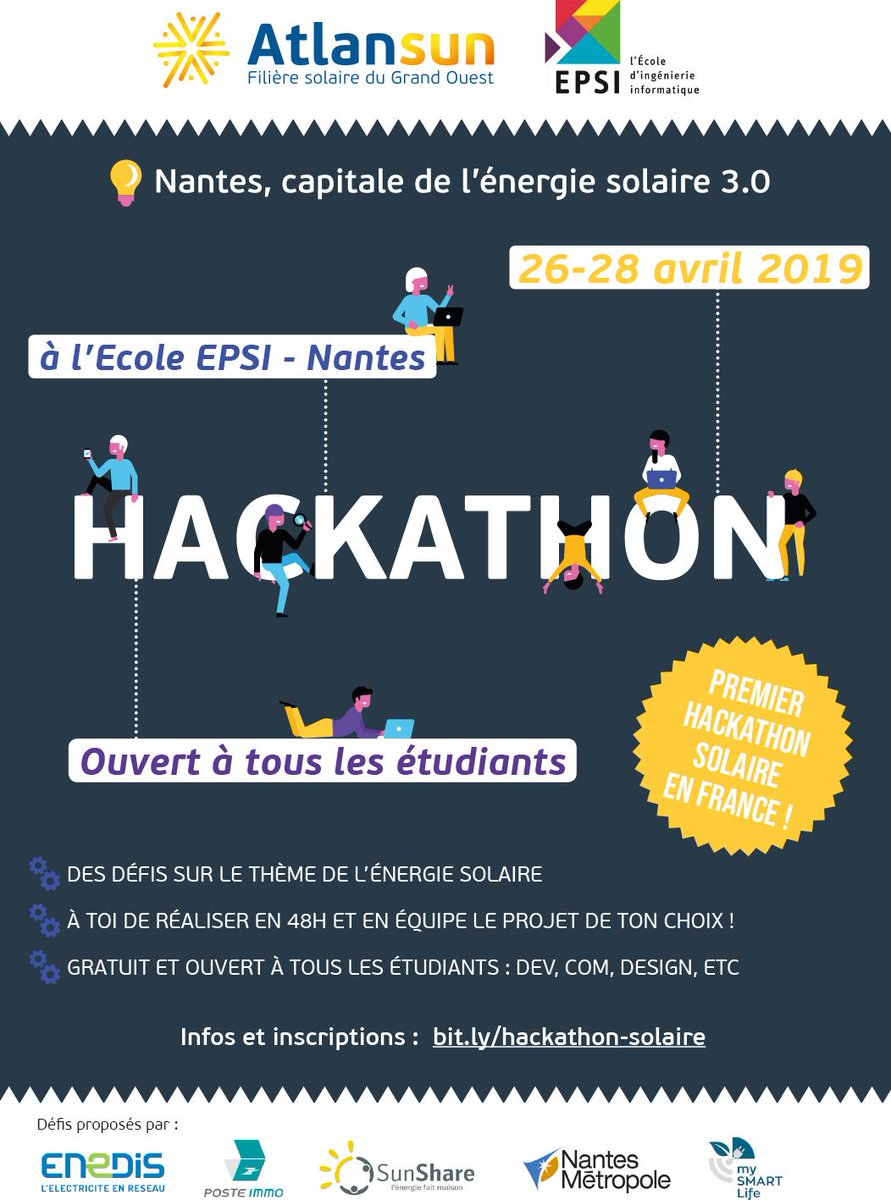 _Atlansun_'s tweet image. 🔜Hackathon solaire 🌞26-28 avril à l&apos;@EPSI_Nantes 
La transition énergétique c&apos;est maintenant ! Etudiant, viens t&apos;activer les méninges sur des défis solaires !
Objectif  ➡ Faire émerger de nouvelles idées et faire de #Nantes la capitale de l&apos;énergie 3.0 bit.ly/hackathon-sola…