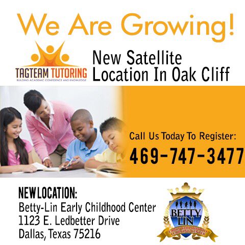 TagTeamTutoring's tweet photo. Parents In Oak Cliff Help Is Here!
TagTeam Tutoring Now Has A Location In Your Area.
We Can Help Your Child With Math, Reading, Science, Writing, STAAR Prep and SAT/ACT Prep. Call Us Today For More Information At 469-747-3477 or Visit https://t.co/Qy9MX2YDNN. #WeRGrowing https://t.co/96cYMp2b8A