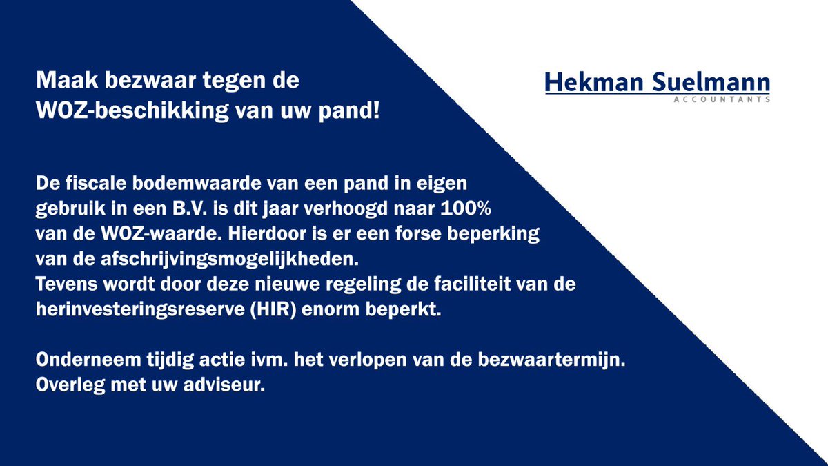 HekmanSuelmann's tweet photo. Voorkom een beperking in de afschrijvingskosten van uw pand! https://t.co/PPJDwc756B