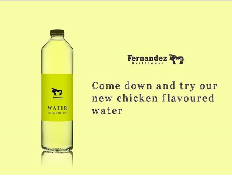 FernandezGrill's tweet photo. 🐔Come and try our NEW CHICKEN FLAVOURED WATER!

✅Available from TODAY!
✅15g of PROTEIN per bottle!
✅Drink it HOT or COLD!
✅Contains real CHICKEN PIECES!

💦The new REFRESHING way to ENJOY CHICKEN.

#Fernandezgrillhouse #fancyfernandez #water #Aprilfools #new #chickenflavour https://t.co/BjsQOJQmRZ