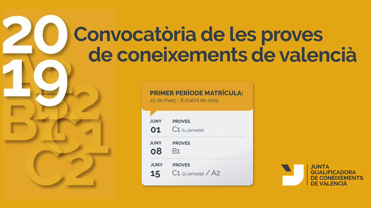 🗓️✍🏼 Recordeu que teniu fins al 8 d'abril per a inscriure-vos a les proves de coneixements de valencià dels nivells A2, B1, C1 i capacitació tècnica. 

👉🏼  Inscripcions: ow.ly/EGmX30oaWHo 
💻 Web #JQCV: jqcv.gva.es/inici