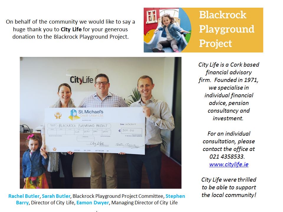 Blackrock_play's tweet photo. A huge thank you to all @CityLifeCork for your very generous donation of €500 to the Blackrock Playground Project 🙏🙏🙏. Further details of this fantastic sponsor can be found at https://t.co/tvapYPkVtT 

Let’s Make It Happen
#wearecork #purecork
#Playground4Blackrock https://t.co/M4gG1NrBKl